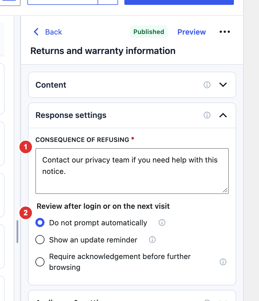 Required acknowledgement response controls with refusal consequences and automatic review options.
