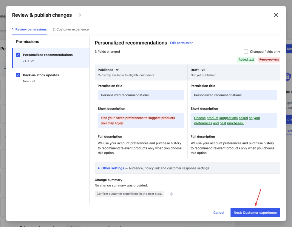 Review & publish dialog comparing published and draft permission wording with selected permissions listed beside it.