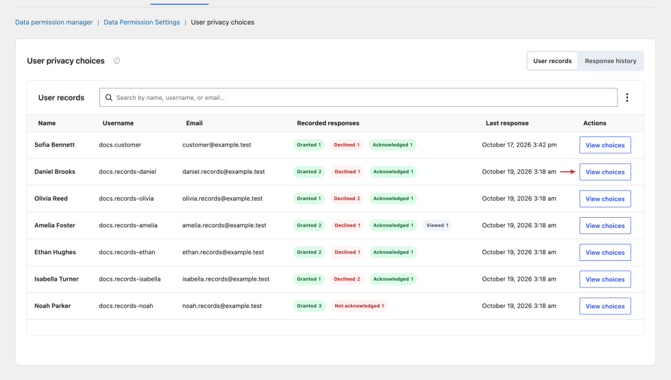 User privacy choices workspace for finding customers and reviewing their recorded permission responses.