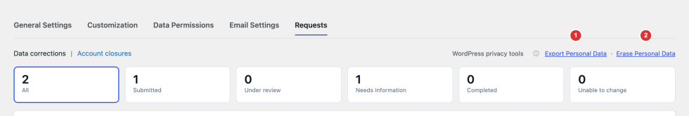 WordPress privacy tools area with Export Personal Data and Erase Personal Data links.
