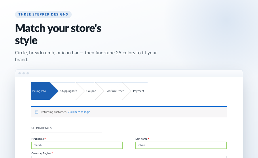 The checkout stepper rendered in the breadcrumb style, with the five step names in connected chevron segments.