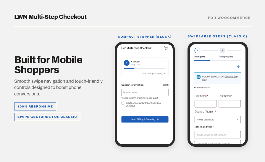 LWN Multi-Step Checkout for WooCommerce on a phone: a compact step card on the block checkout and a scrollable step indicator with a progress bar on the classic checkout.