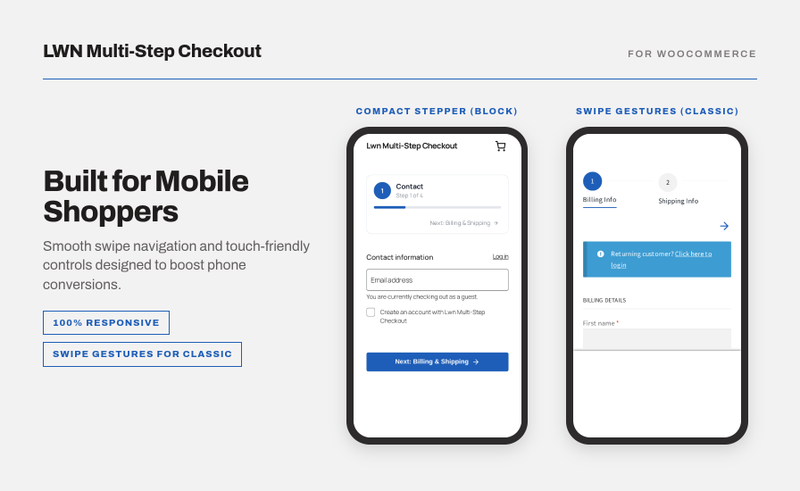 LWN Multi-Step Checkout mobile interface preview demonstrating compact stepper for Block checkout and swipe gestures for Classic checkout.