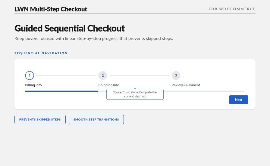 LWN Multi-Step Checkout for "WooCommerce blocking a skipped step, with a tooltip reading "You can't skip steps. Complete the current step first."