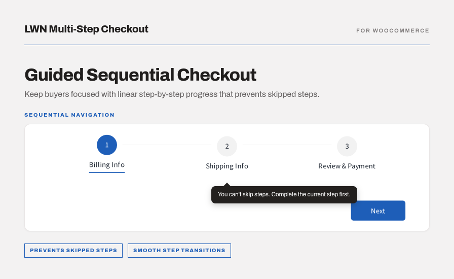 LWN Multi-Step Checkout sequential navigation preview showing a tooltip that prevents buyers from skipping required steps.