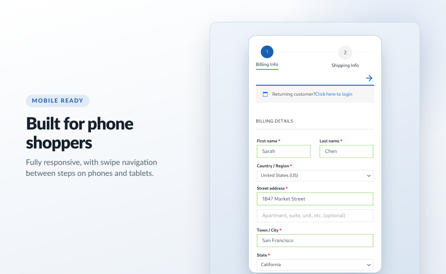 The multi-step checkout on a phone screen, showing the stepper and the billing form sized for mobile.