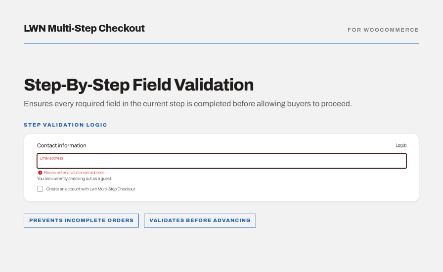 LWN Multi-Step Checkout step-by-step field validation preview displaying real-time inline email error message for required inputs.