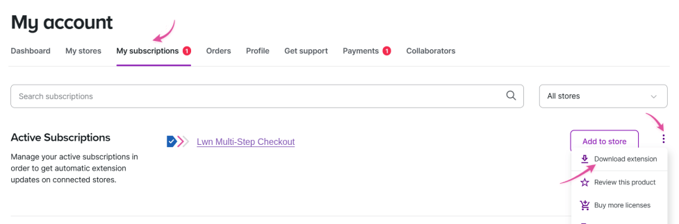 WooCommerce.com My Account page with the My Subscriptions tab selected, showing LWN Multi-Step Checkout under Active Subscriptions and the three-dot menu open on Download extension.