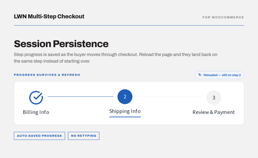 LWN Multi-Step Checkout session persistence feature showing auto-saved step progress after a page reload in WooCommerce.