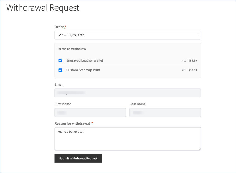 Withdrawal dashboard