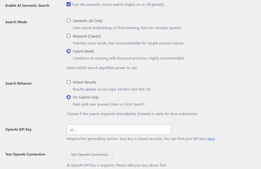 AI-Powered Semantic, Keyword, and Hybrid Search Modes