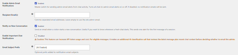 Admin Notifications Settings