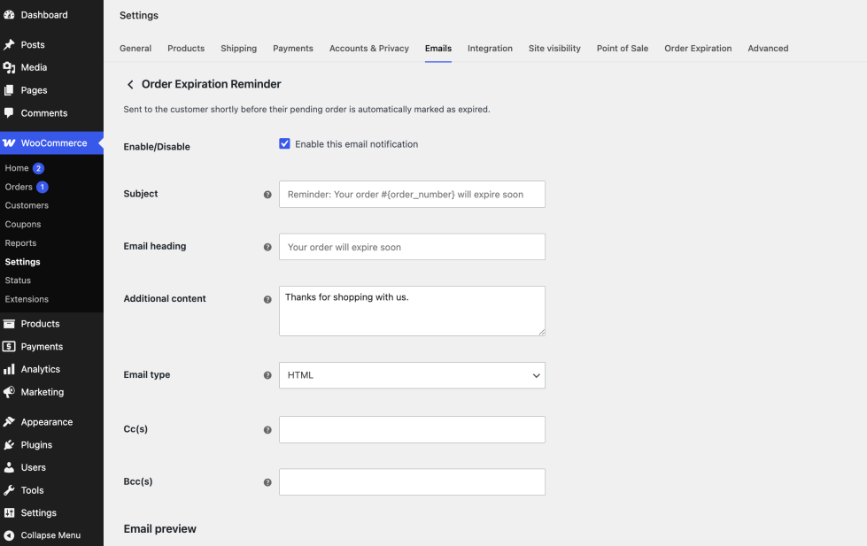 The Order Expiration Reminder email settings screen under WooCommerce Settings Emails, showing the enable checkbox, subject, and heading fields