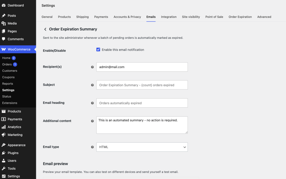 The Order Expiration Summary email settings screen under WooCommerce Settings Emails, showing the enable checkbox, recipient, subject, and heading fields