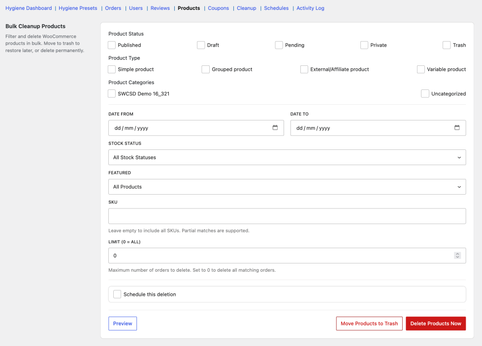 Products tab with product status, type, category, stock status, featured, SKU, date range filters, and Move to Trash and Delete Products Now buttons.