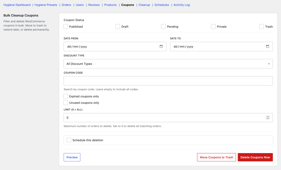 Coupons tab with coupon status, discount type, coupon code search, expired coupons only toggle, unused coupons only toggle, date range, and trash/delete action buttons.