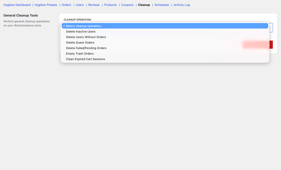 Cleanup tab showing a Cleanup Operation dropdown with options like Delete Inactive Users, Delete Users Without Orders, Delete Guest Orders, and Run Cleanup Now button with Schedule this deletion panel below.