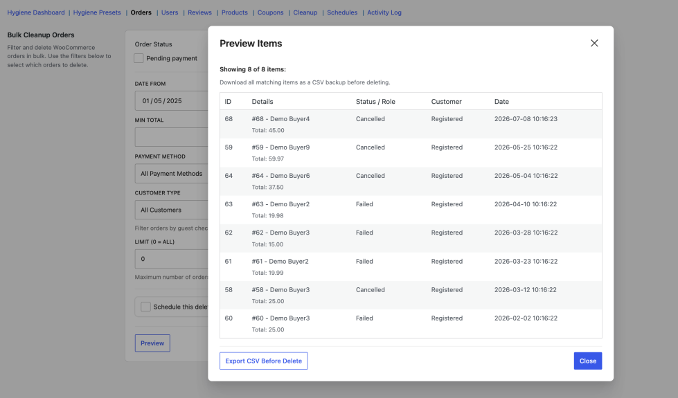 Preview Items modal showing a table of matching orders with details, status, and date columns, item count summary, Export CSV button, and Close button.