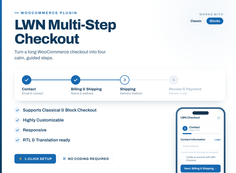 LWN Multi-Step Checkout WooCommerce plugin banner showing 4-step checkout progress bar, mobile responsive design, and compatibility with Classic and Block checkout.