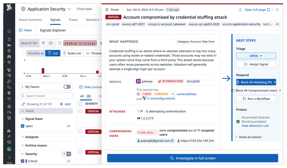 example of application security with DataDog