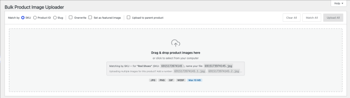 Bulk Product Image Uploader dashboard showing the upload area, matching options, and upload settings.