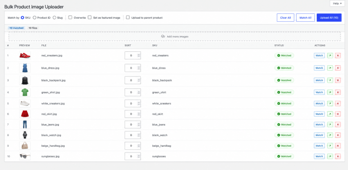 Upload queue showing product images successfully matched to products before upload.