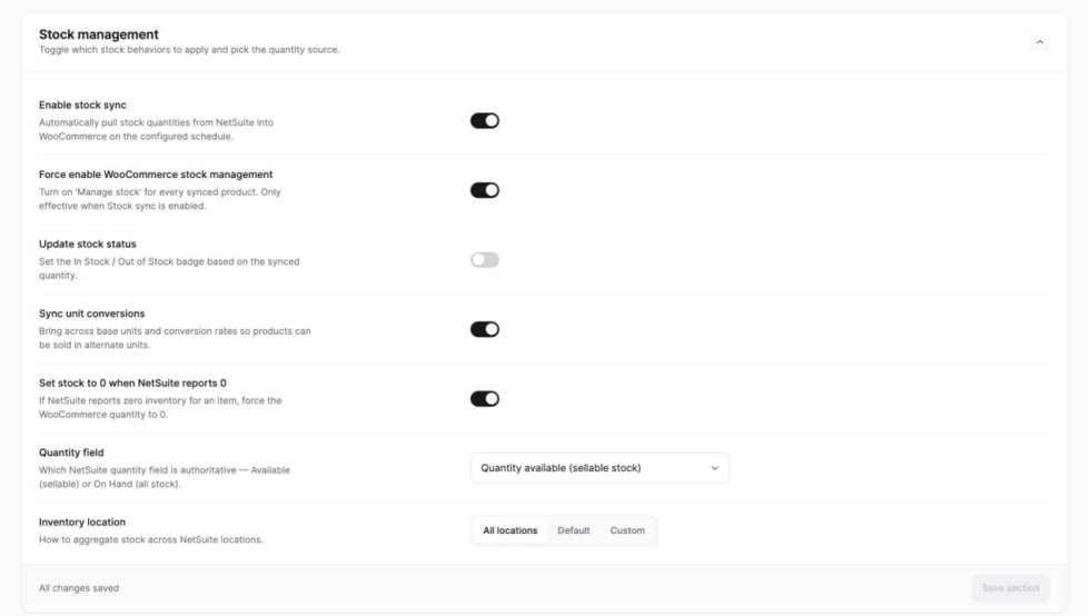 Stock management settings for WooCommerce ⇔ NetSuite integration. 