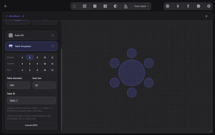 Table Templates tool in the Seat Planner editor