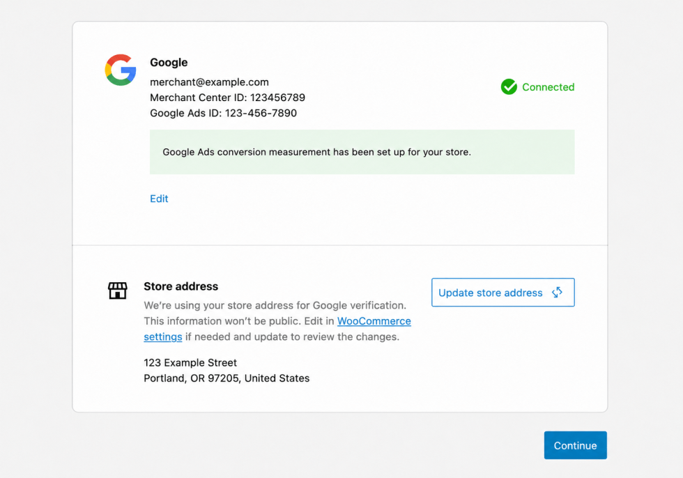 Google for WooCommerce settings showing a connected Google account, Merchant Center ID, Google Ads ID, and store address using example data.