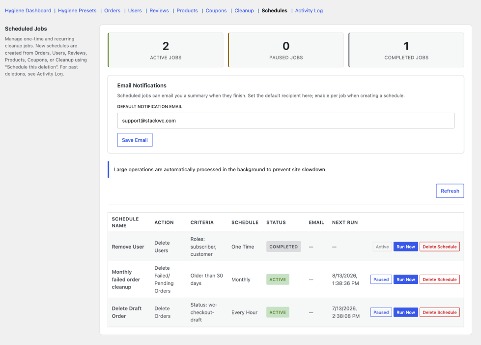 Schedules tab showing Active, Paused, and Completed job counts, a table of scheduled jobs with status, next run, last run, and action buttons for pause, run now, and delete, plus Email Notifications settings at the bottom.