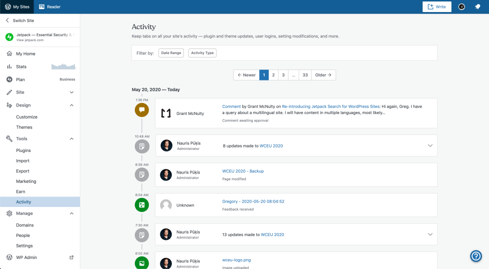 example of Jetpack Activity Log