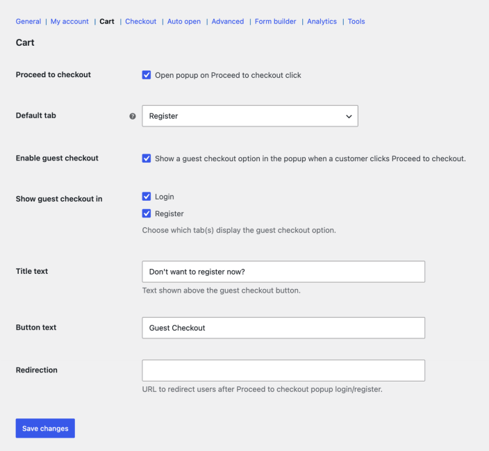 loginkit cart setting options
