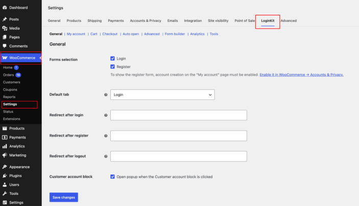 loginkit settings