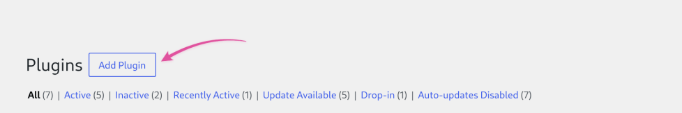 The WordPress Plugins page with the "Add Plugin" button highlighted