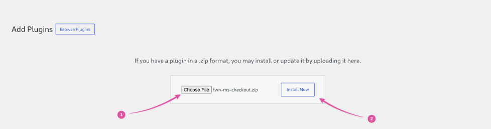 The plugin upload form with the Choose File field and Install Now button numbered 1 and 2