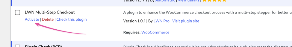 The Plugins list showing LWN Multi-Step Checkout with the Activate link highlighted