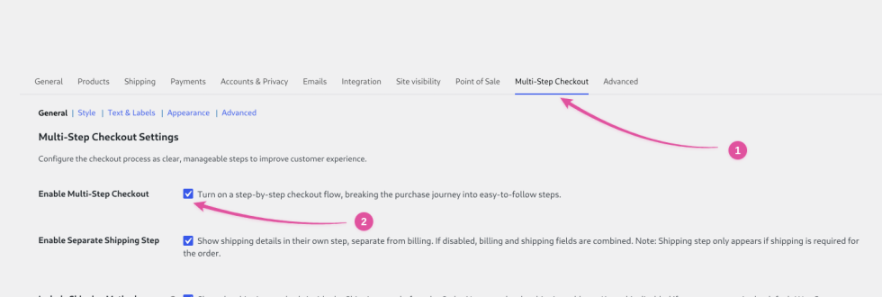 WooCommerce settings tabs with Multi-Step Checkout selected and the "Enable Multi-Step Checkout" checkbox ticked, both marked with pink numbered arrows.