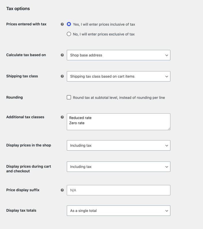 Scenario 1 tax options Scenario 1 tax options showing tax-inclusive prices calculated from the shop base address.