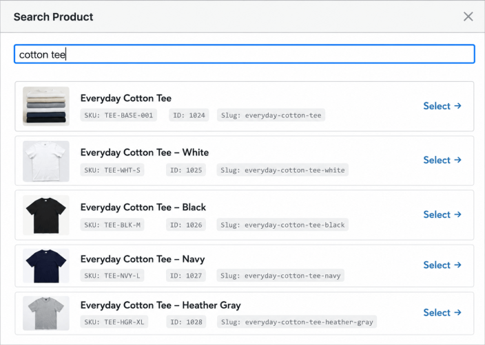 Product search dialog showing matching results by product name, SKU, Product ID, or Product Slug.