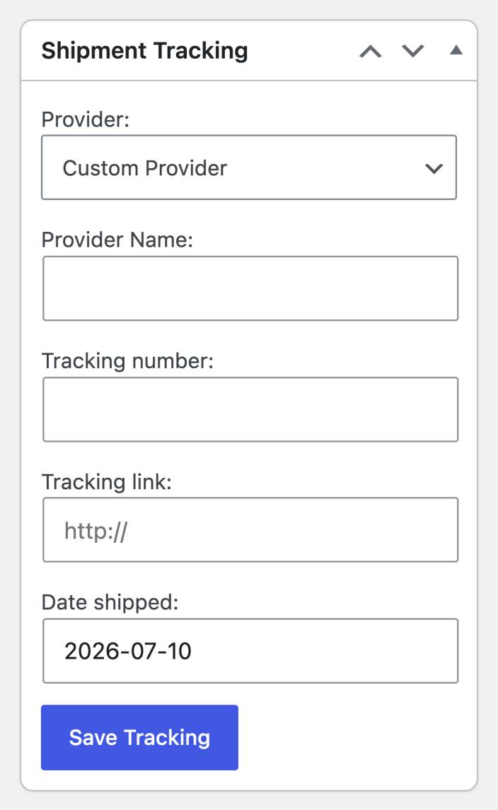 Shipment Tracking panel with the Add Tracking Number fields expanded
