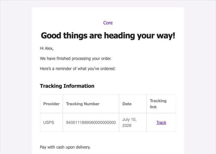 Completed Order email showing the shipment provider, tracking number, shipping date, and tracking link