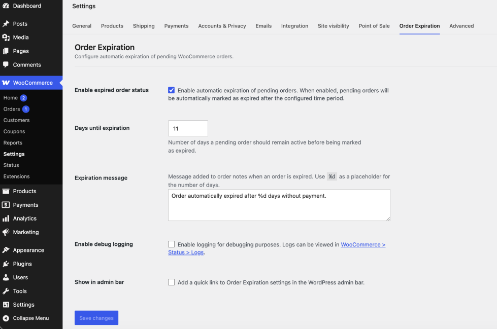 The Order Expiration settings screen in WooCommerce, showing the 'Enable expired order status' checkbox and the Days until expiration field revealed underneath it