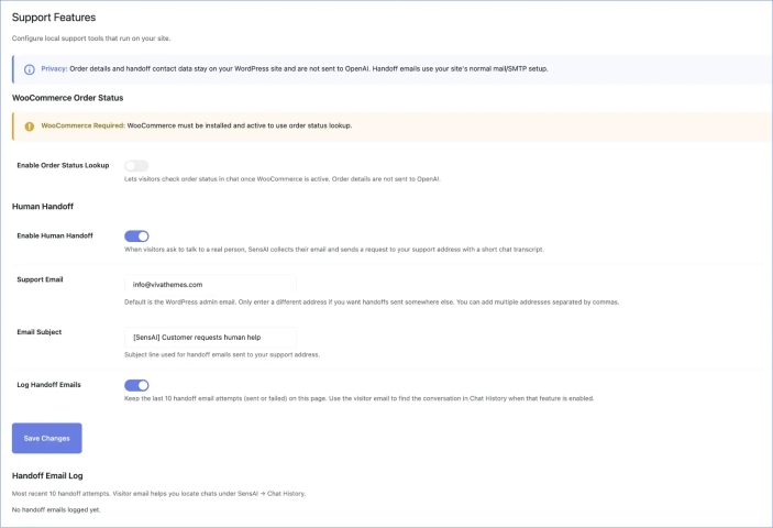 SensAI Support features settings screen