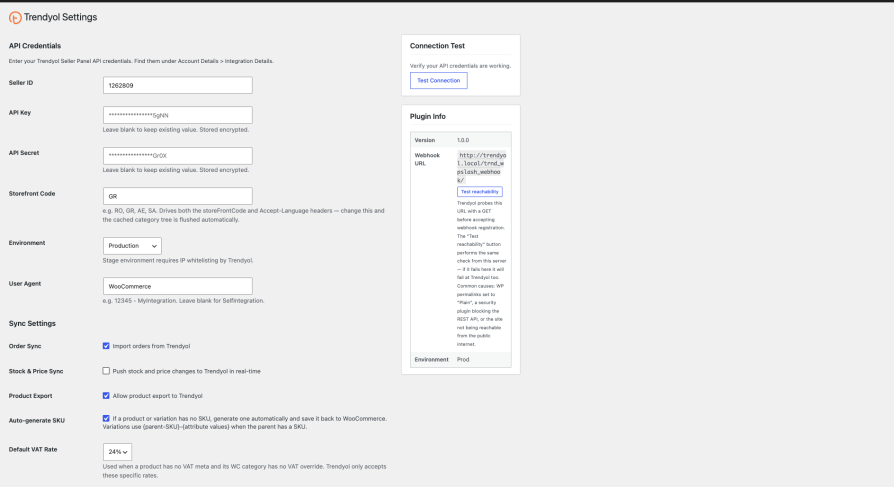 Trendyol for WooCommerce API settings page with Seller ID, API Key, and Storefront Code configuration