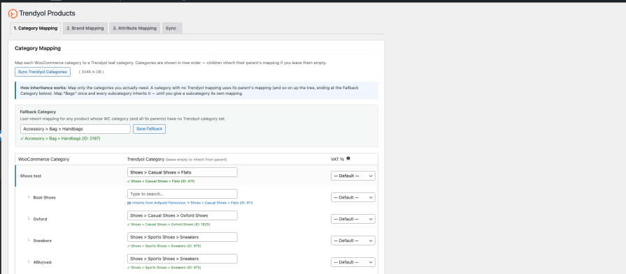 Trendyol WooCommerce category mapping interface showing WooCommerce to Trendyol category assignments