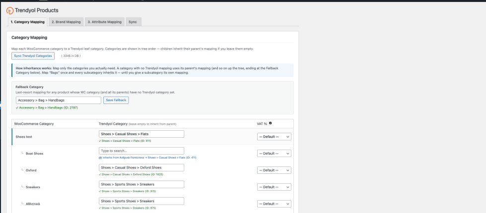 Trendyol For  WooCommerce Integration - Category Mapping Admin Screenshot