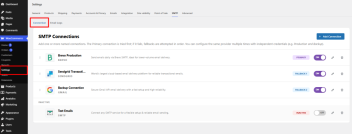 Manage SMTP connections Connections screen