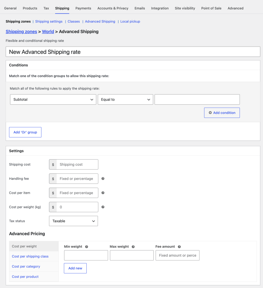 New Advanced Shipping rate configuration screen
