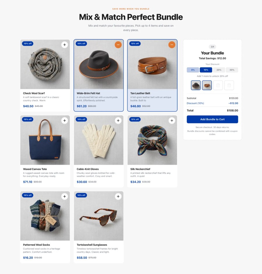 WooCommerce mix and match product cards showing sale pricing and selected state