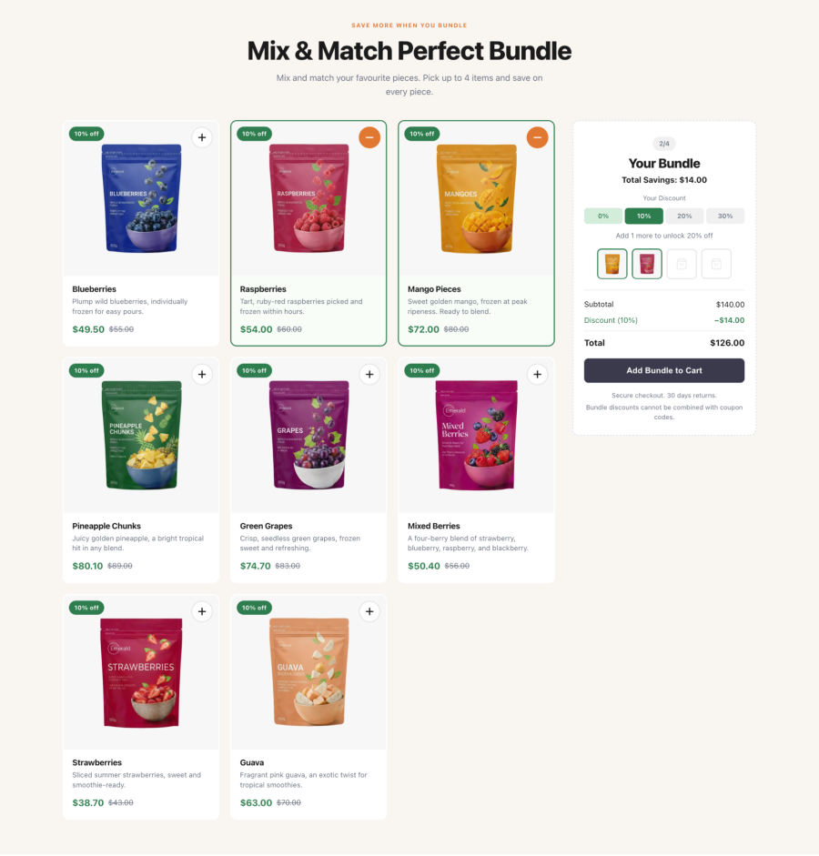 WooCommerce mix and match product cards showing sale pricing and selected state